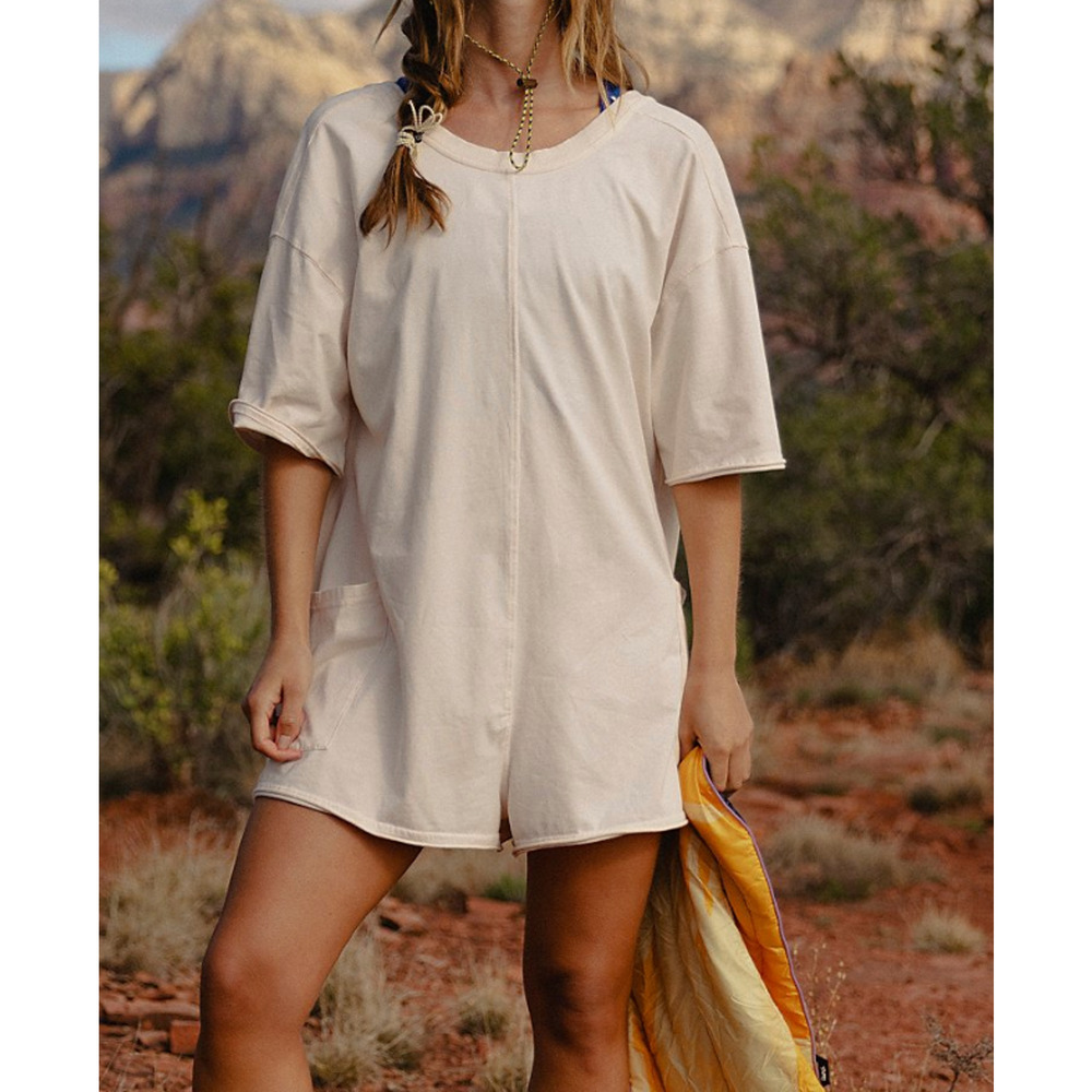 NEW FREE PEOPLE FP MOVEMENT BLEACHED CLAY IVORY HOT SHOT TEE ONE PIECE ROMPER XS